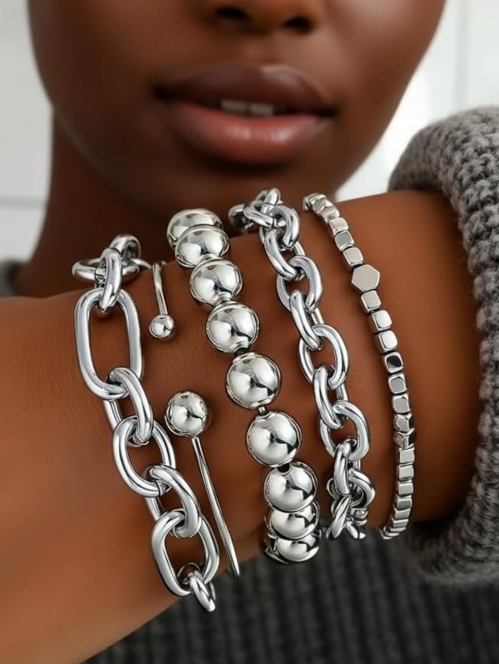 Silver Multi-Chain Stackable Bracelet Set - Women Jewelry